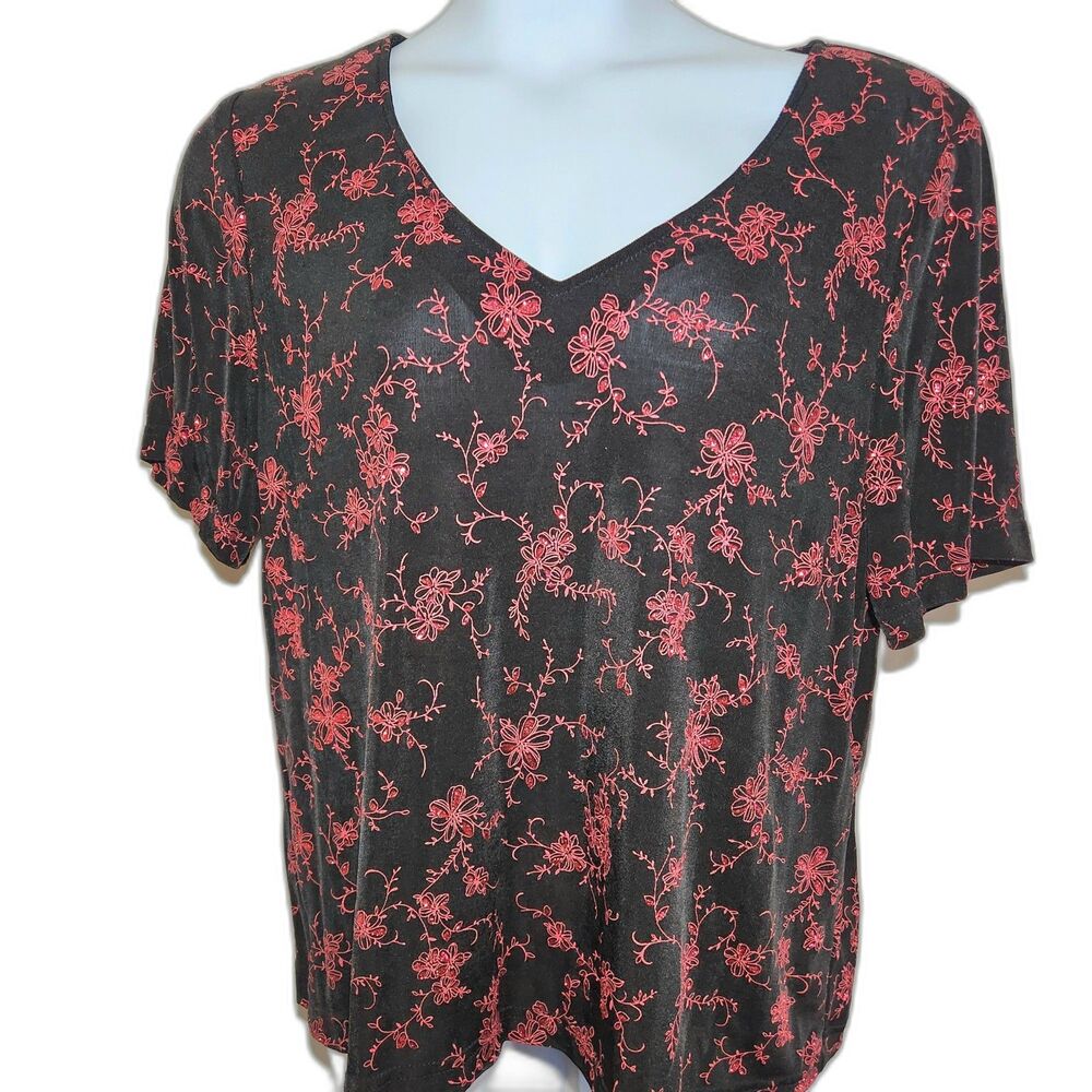 Cato Women's Top Size 18/20W Floral Embroidered Embellished Sparkle Black Pink